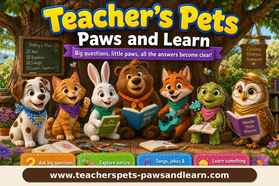Teacher's Pets: Paws and Learn poster with the classroom pets